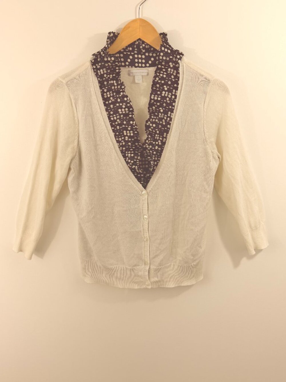 New York & Company 2-in-1 Layered Ruffle Polka Dot Cardigan Sweater Cream S